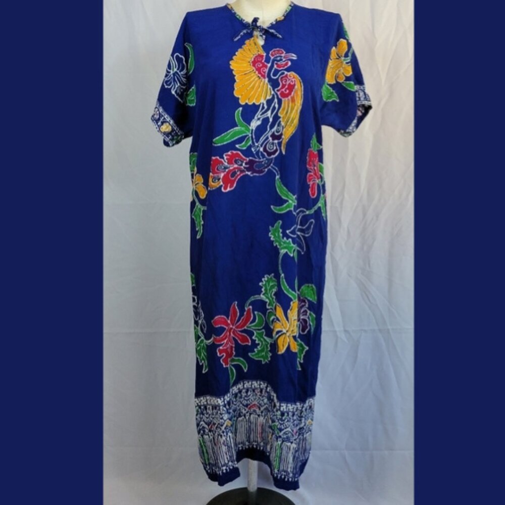 Vintage Batik Keris Blue Wax Processed Caftan Hawaiian Island Dress L/XL 14/16